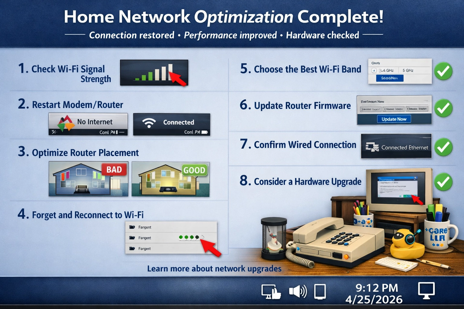Infographic summarizing all eight home network optimization steps with completion checkmarks.