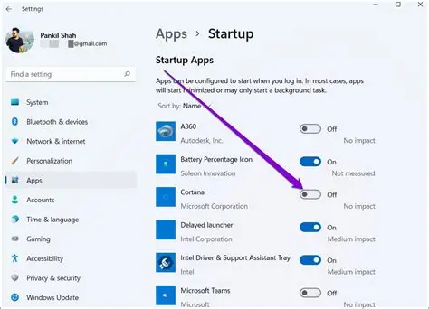 Windows Startup Apps settings showing toggles for startup impact