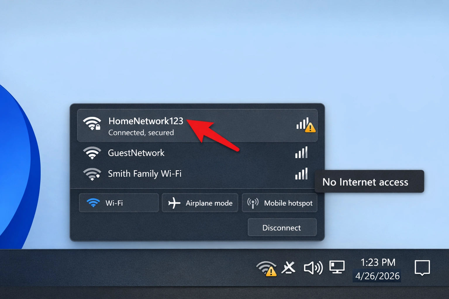 Network icon showing No Internet.