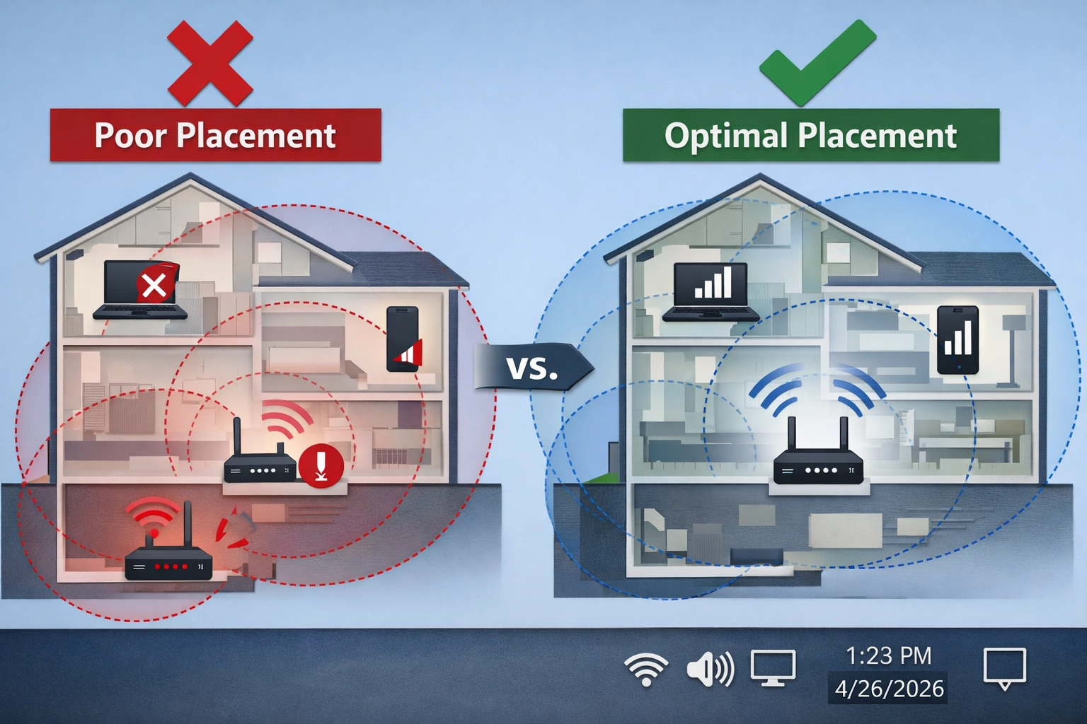 Simple floorplan diagram showing bad vs good router placement.