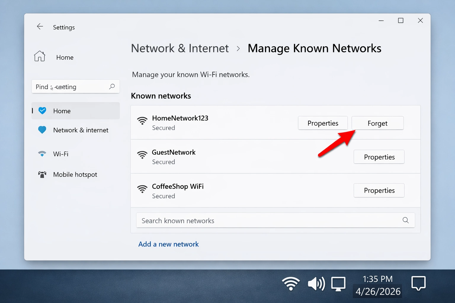 Windows Settings Wi‑Fi Forget button.