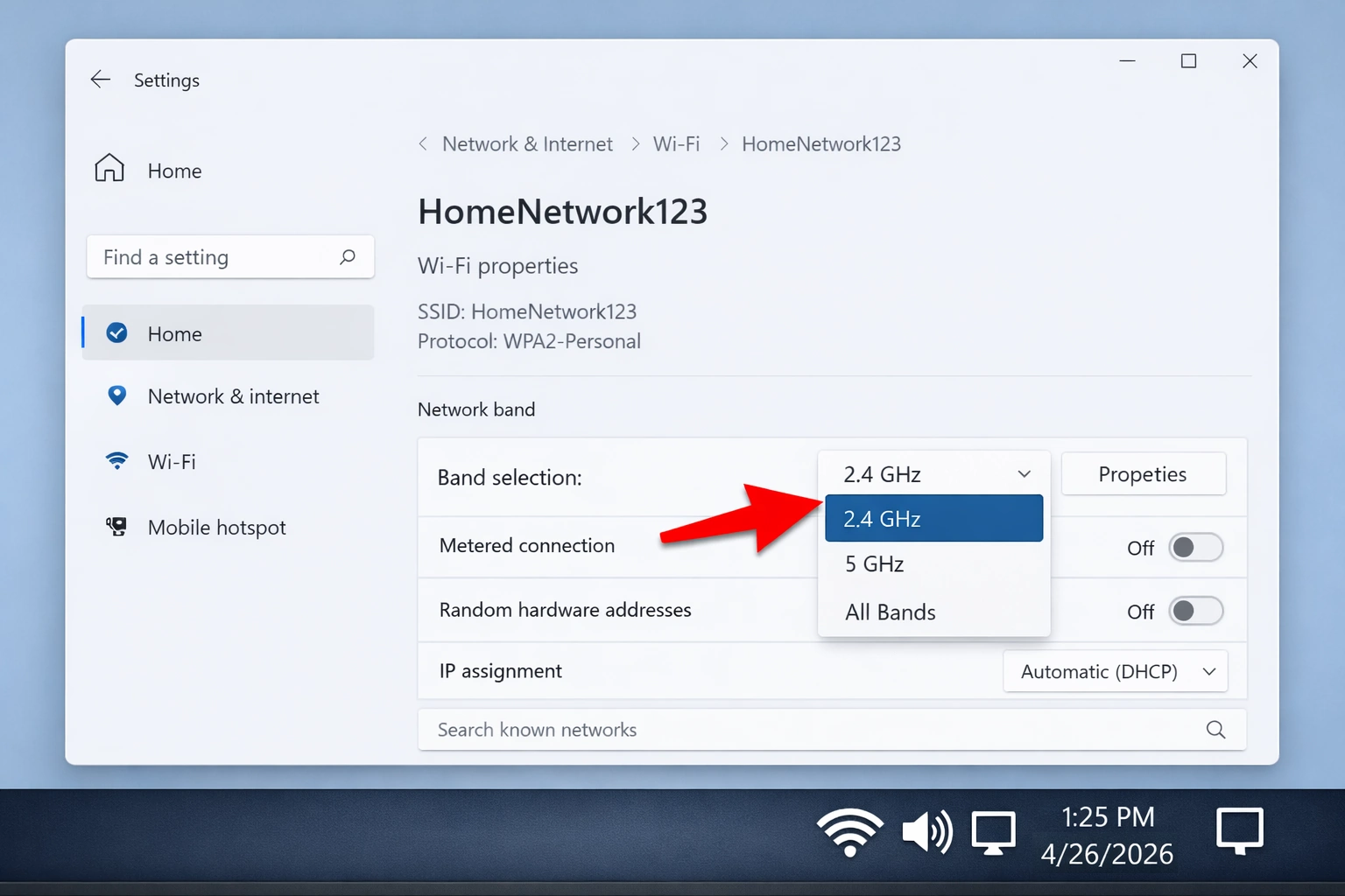 Windows Wi‑Fi properties showing band information.