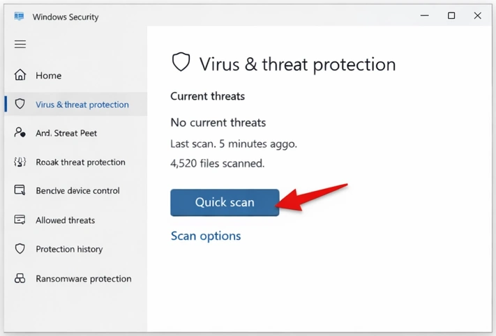 Windows Security Quick Scan button highlighted with red arrow