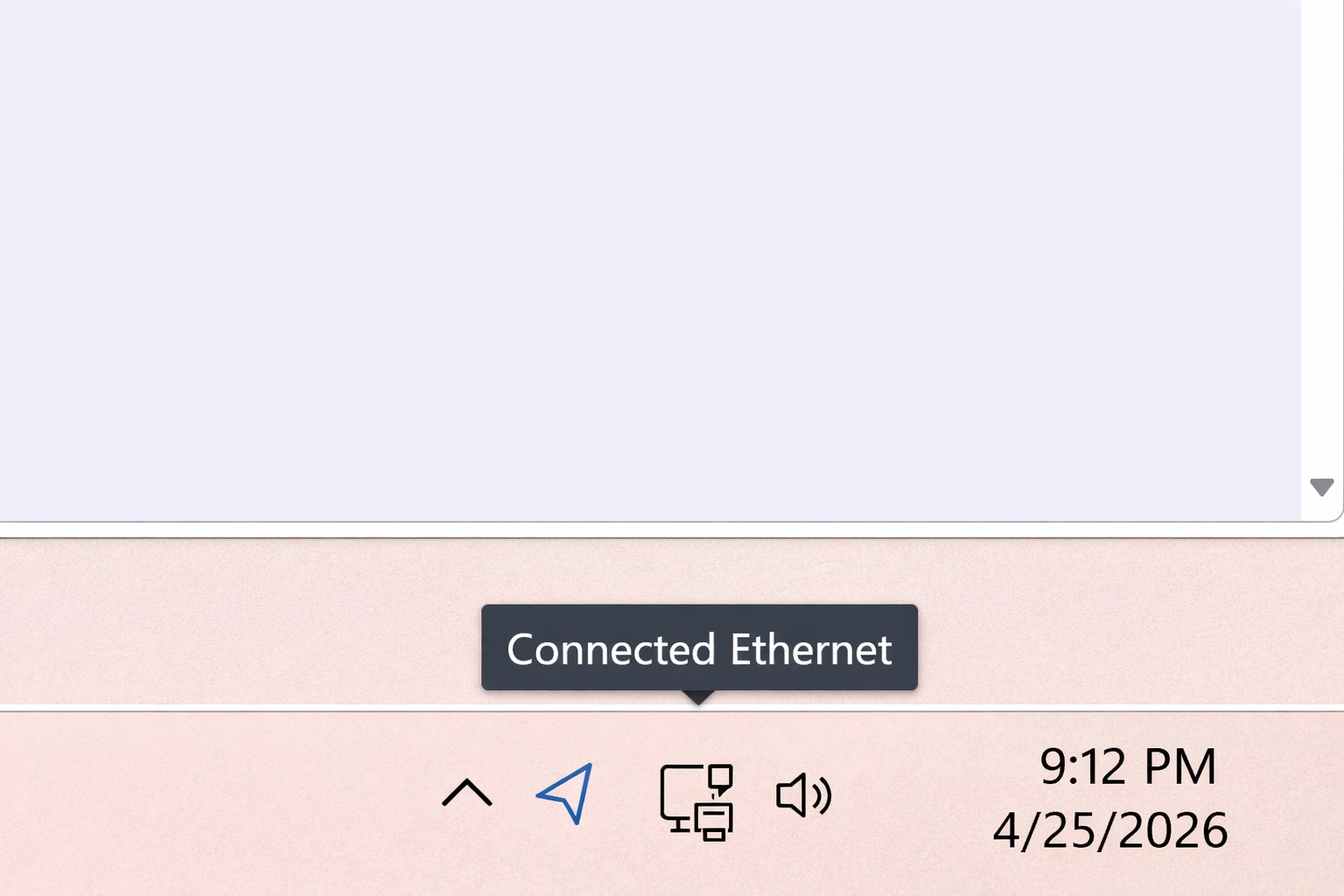 Windows network status showing Ethernet connection.