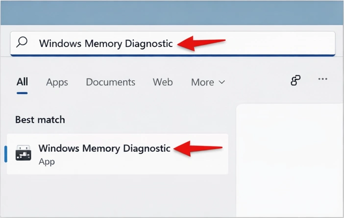 Windows search showing Memory Diagnostic app highlighted with red arrow