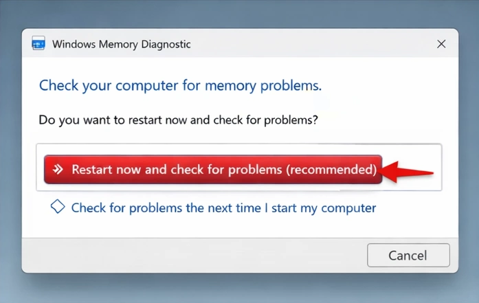 Windows Memory Diagnostic dialog showing Restart Now option highlighted with red arrow