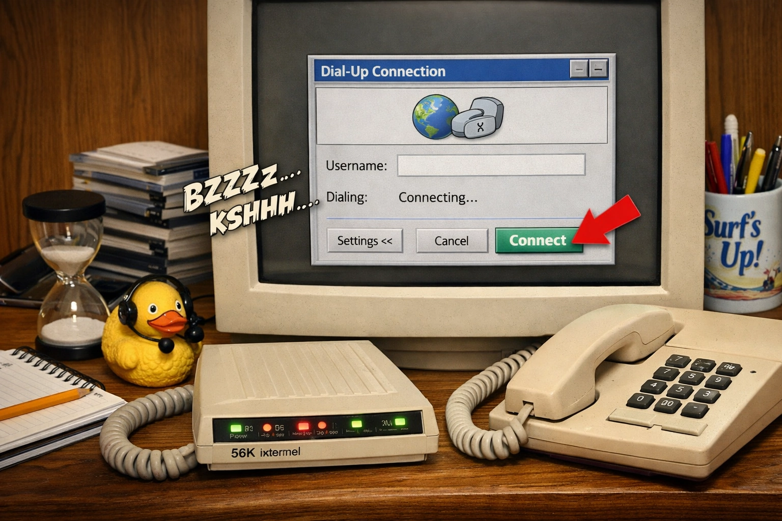 Fun, slightly humorous dial‑up modem and phone visual.